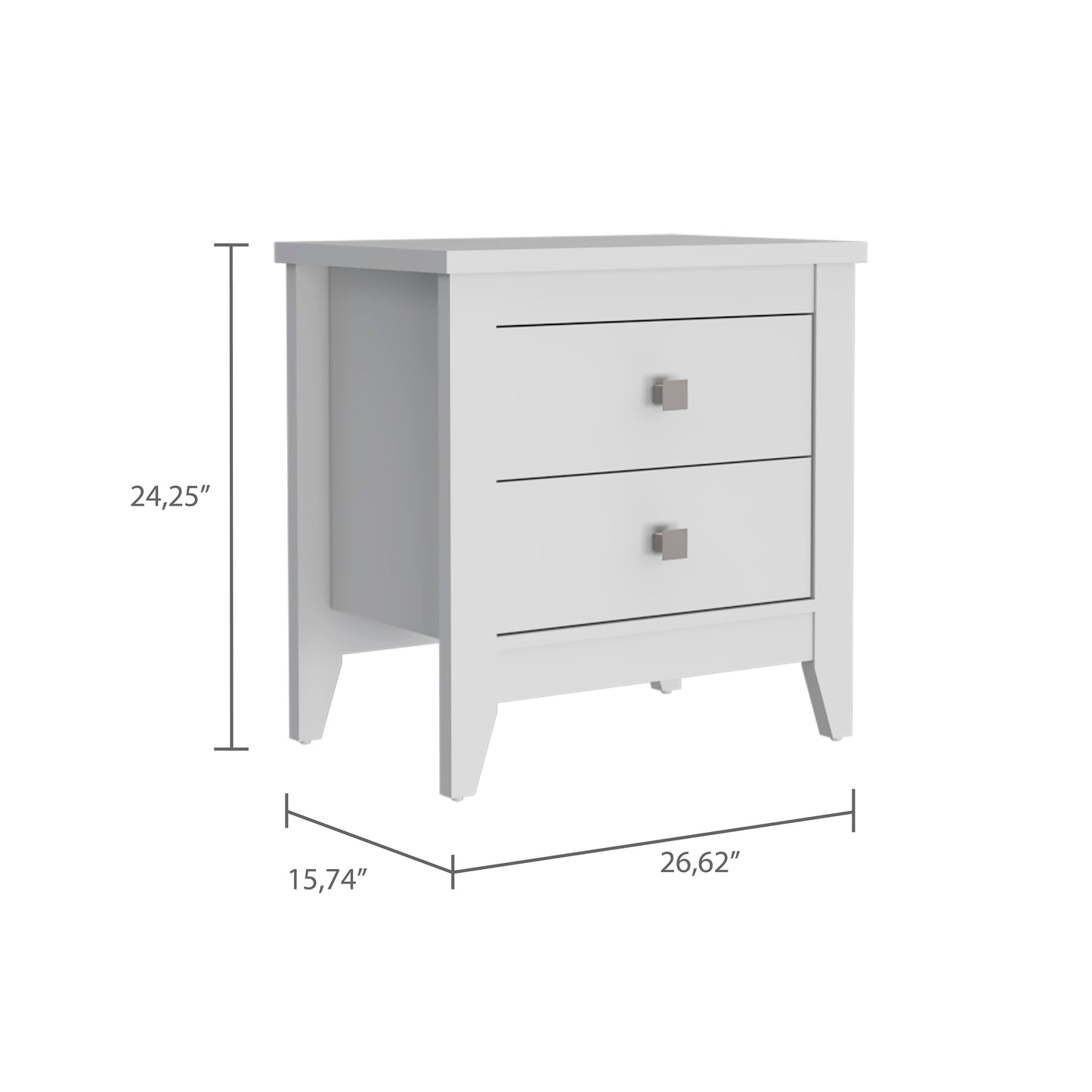 White twodrawer nightstand with silver square knobs and angled legs