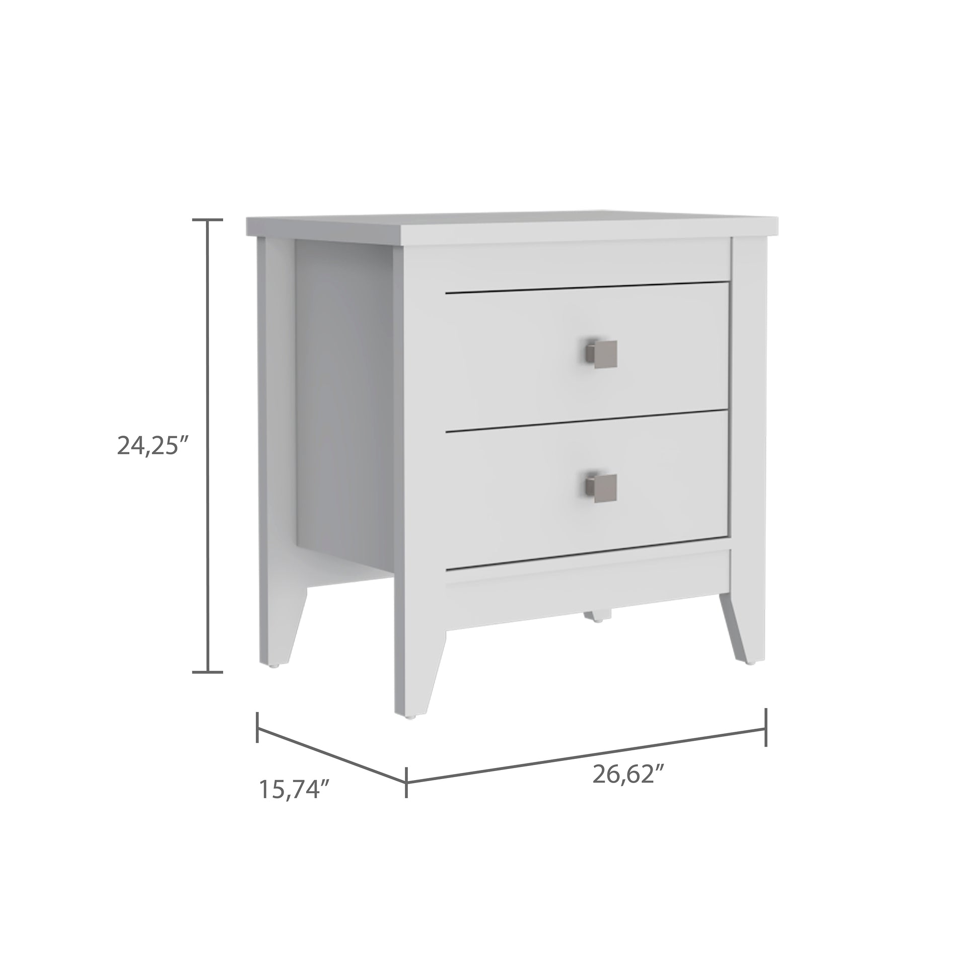 White twodrawer nightstand with silver square knobs and angled legs