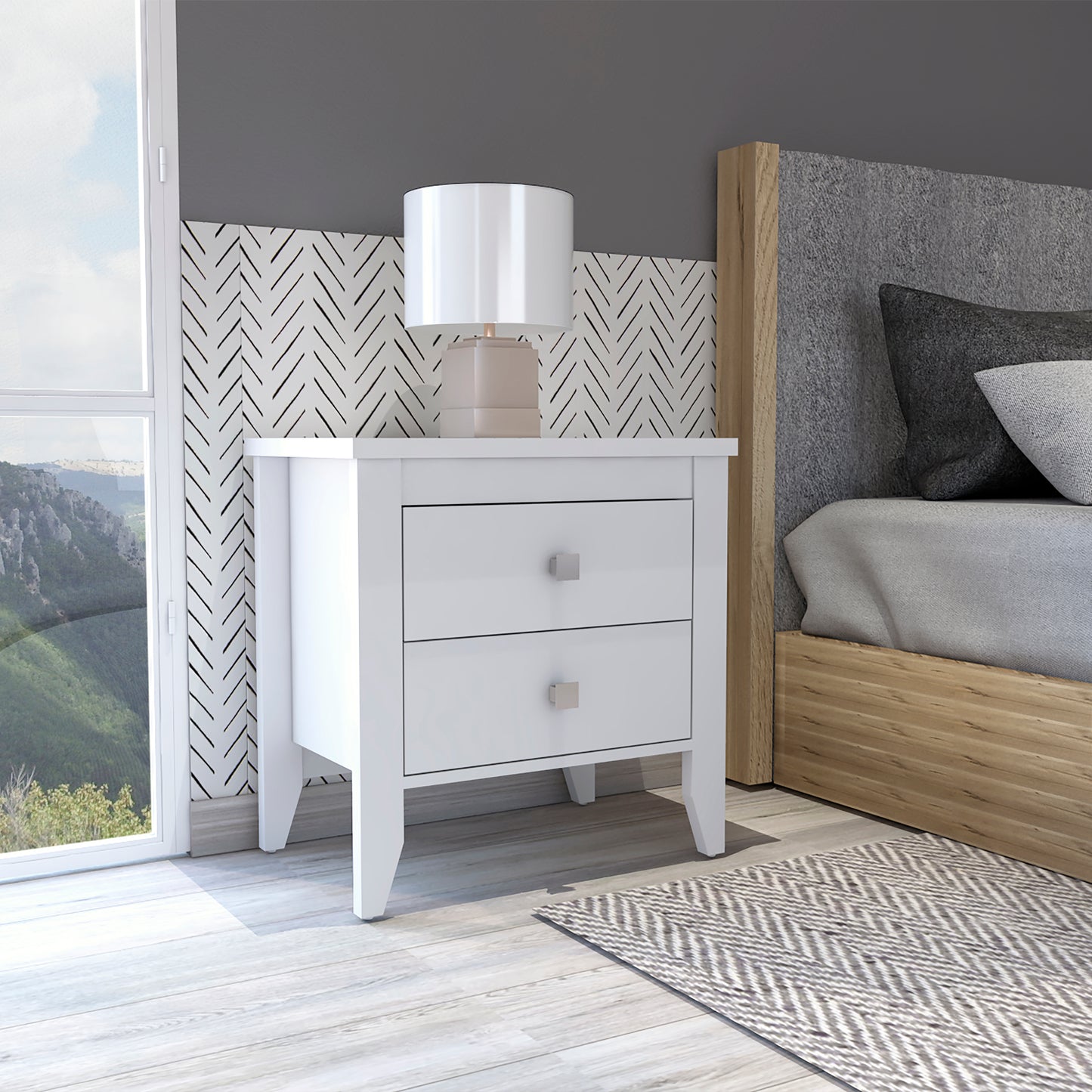 Modern white twodrawer nightstand with silver square knobs perfect for bedrooms