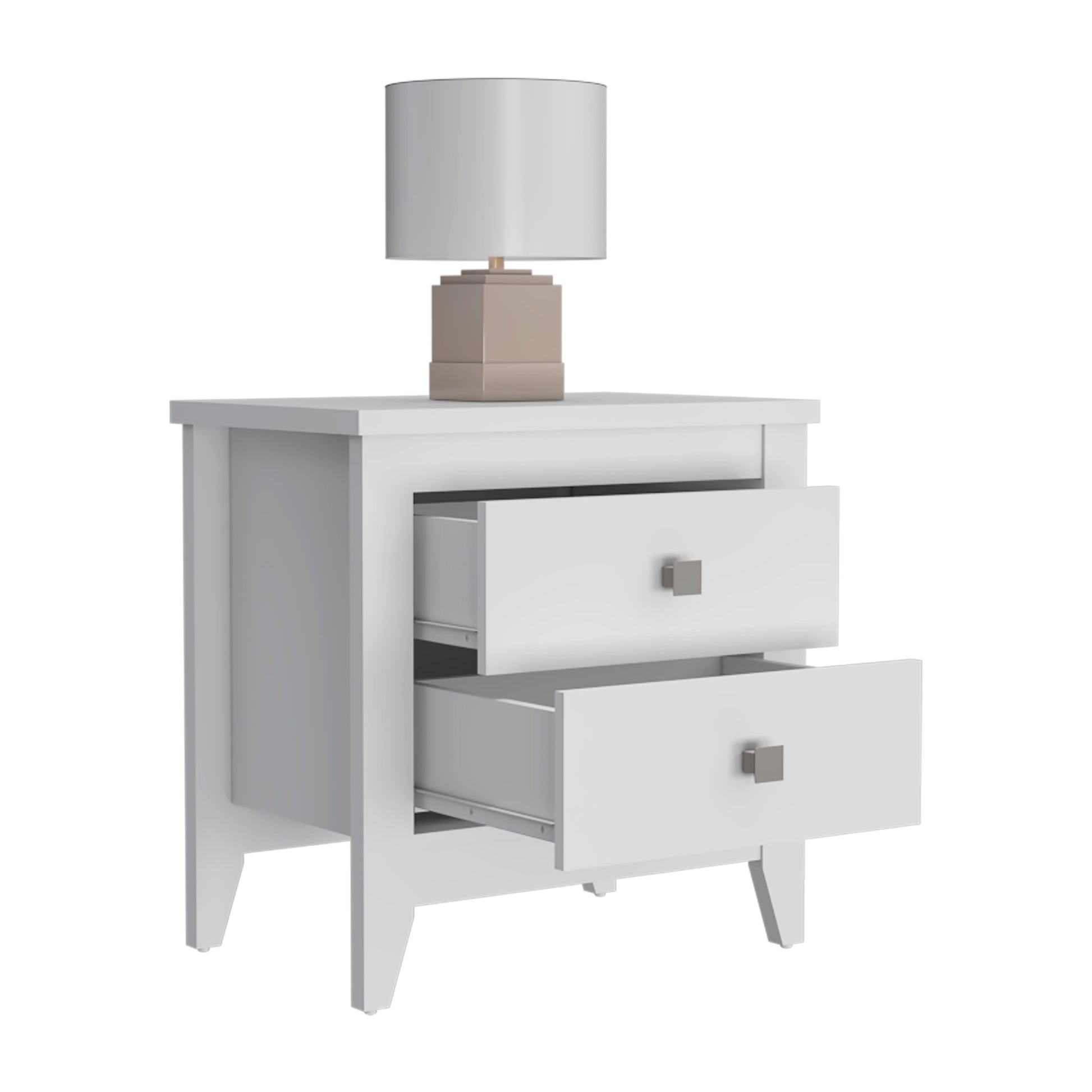Modern white twodrawer nightstand with brushed nickel hardware featuring a simple design and a lamp