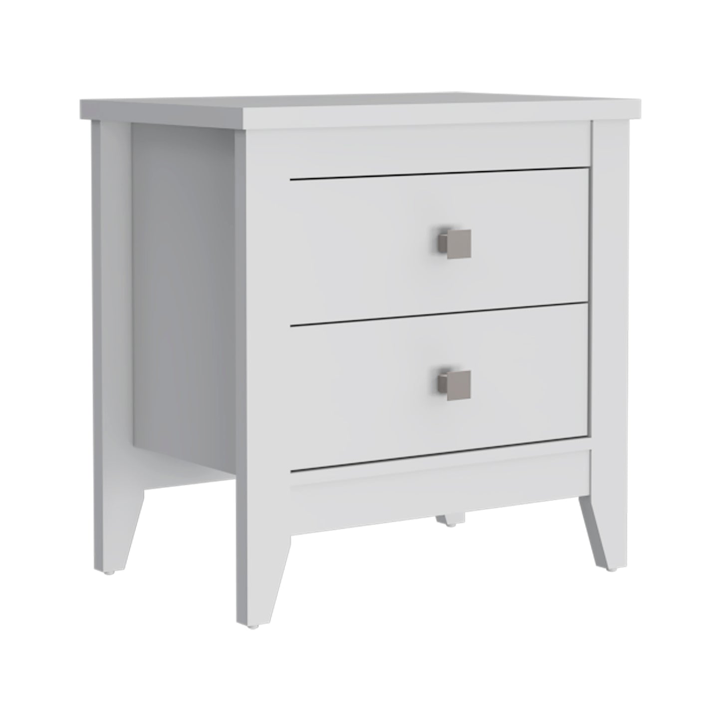 Modern white twodrawer nightstand with brushed nickel square knobs ideal for bedroom storage
