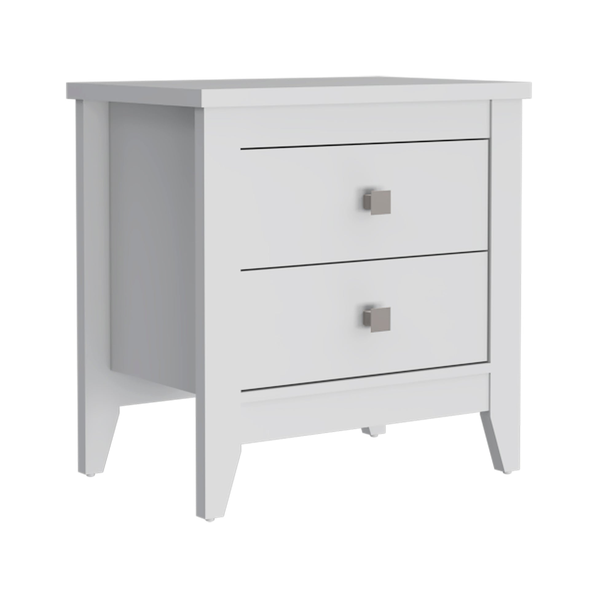 Modern white twodrawer nightstand with brushed nickel square knobs ideal for bedroom storage