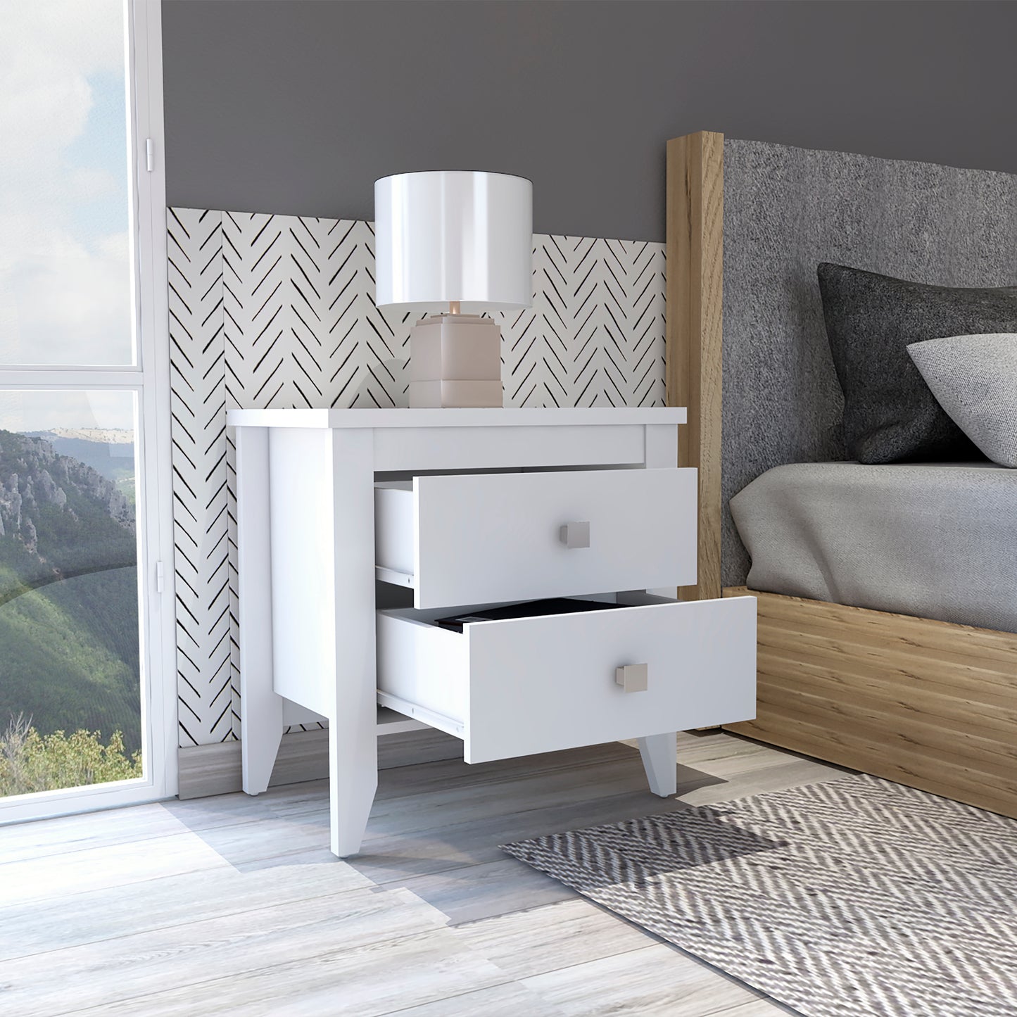 Modern white wood twodrawer nightstand with silver square pulls next to a bed