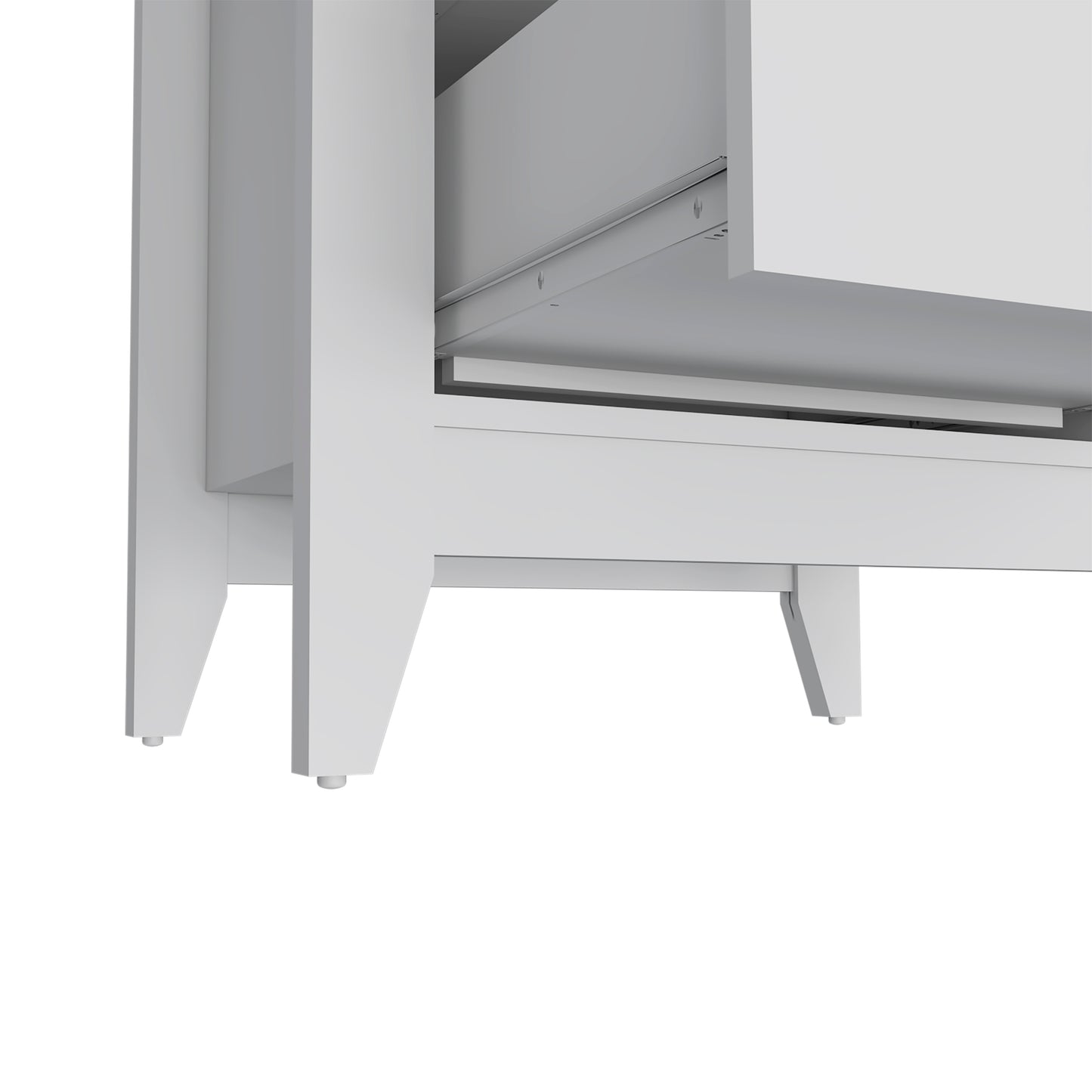 White modern desk with open drawer and metal slides