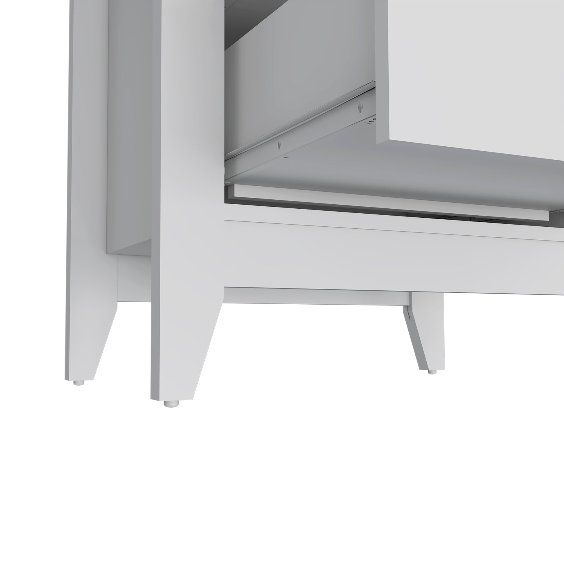 White modern desk with open drawer and metal slides