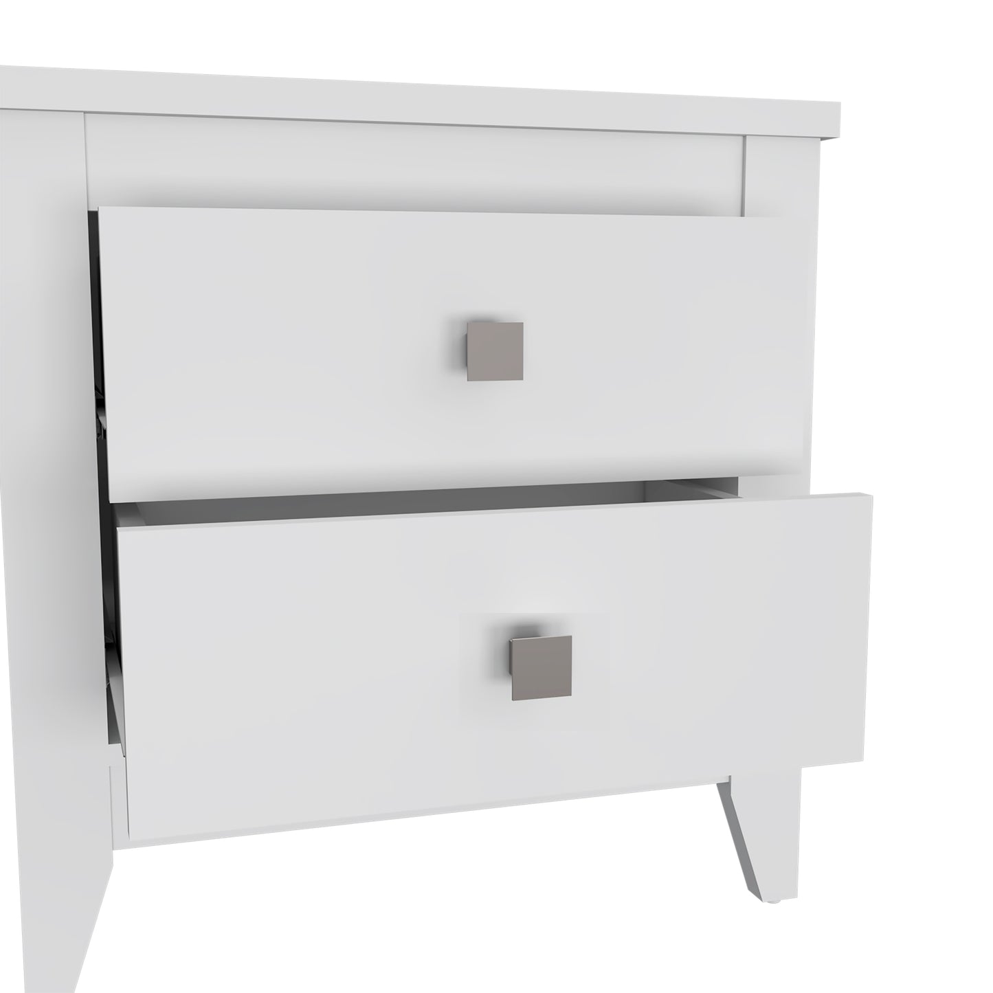 White modern nightstand with two drawers and square silver knobs