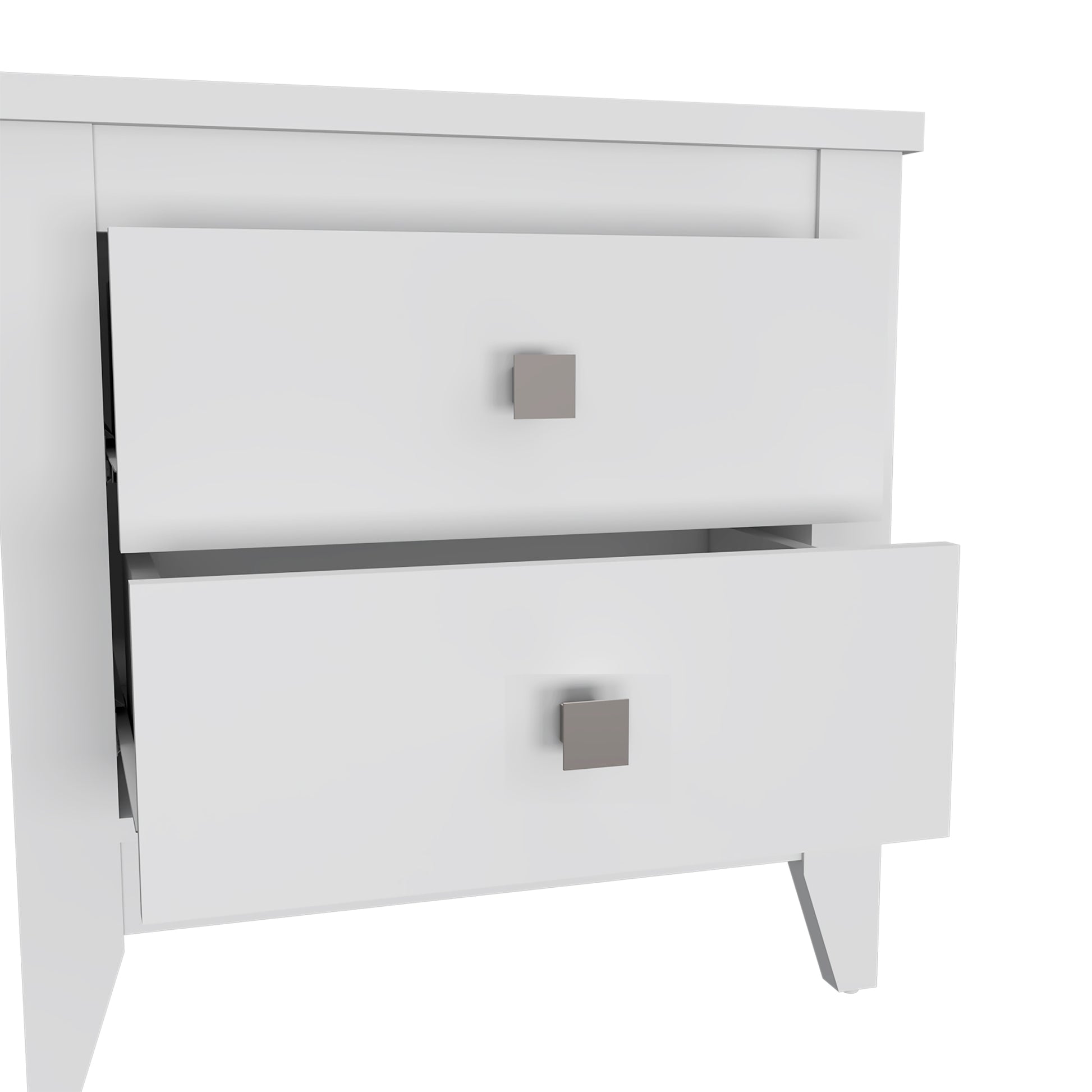 White modern nightstand with two drawers and square silver knobs