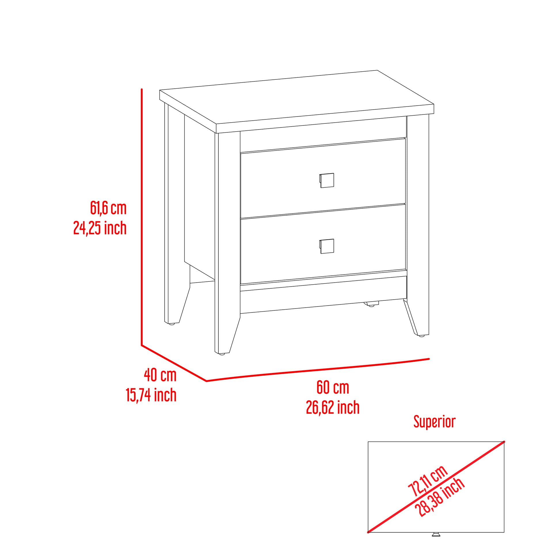 Diagram of a white twodrawer nightstand with dimensions labeled