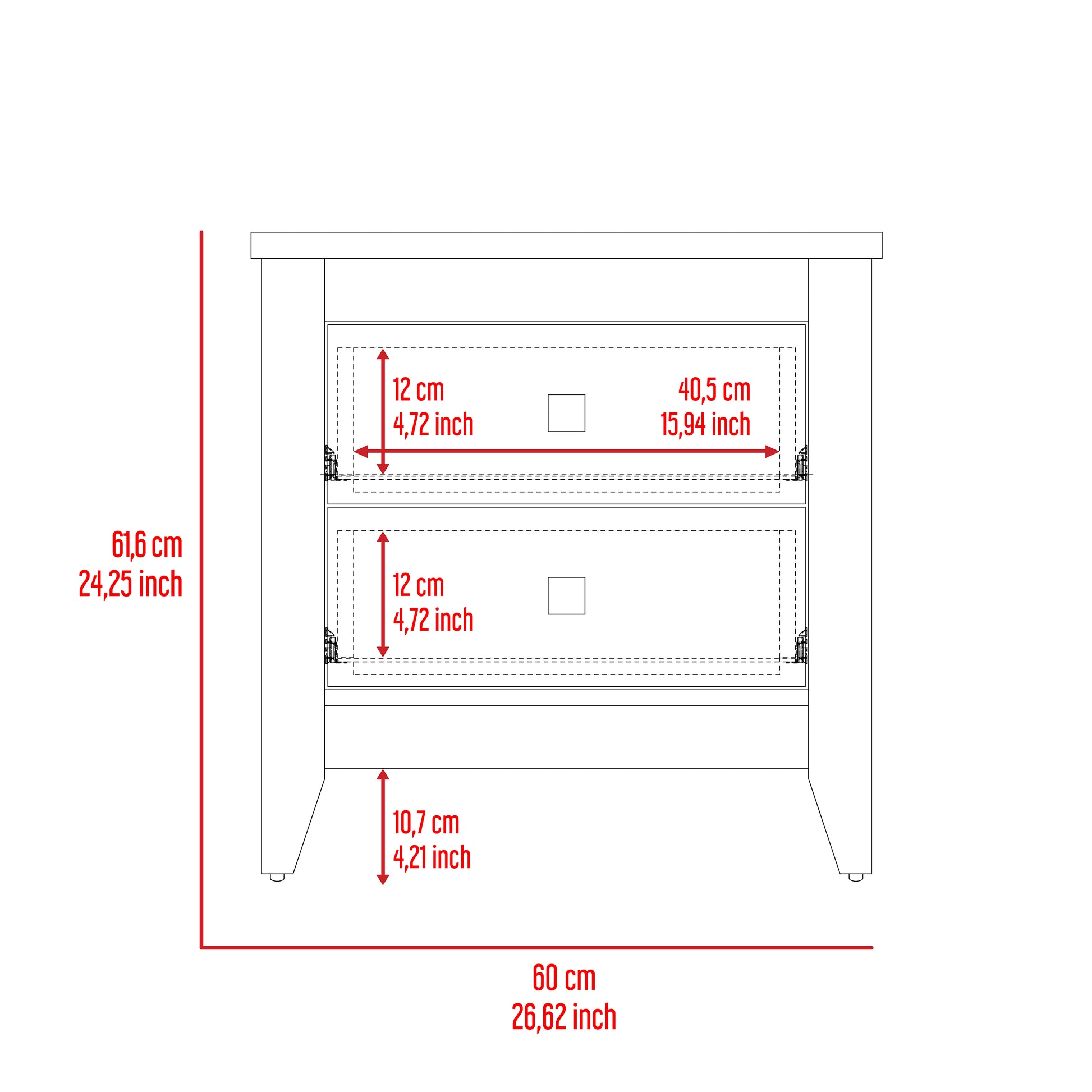 Technical drawing of a vanity cabinet with dimensions labeled  cm height  cm width  cm drawer width
