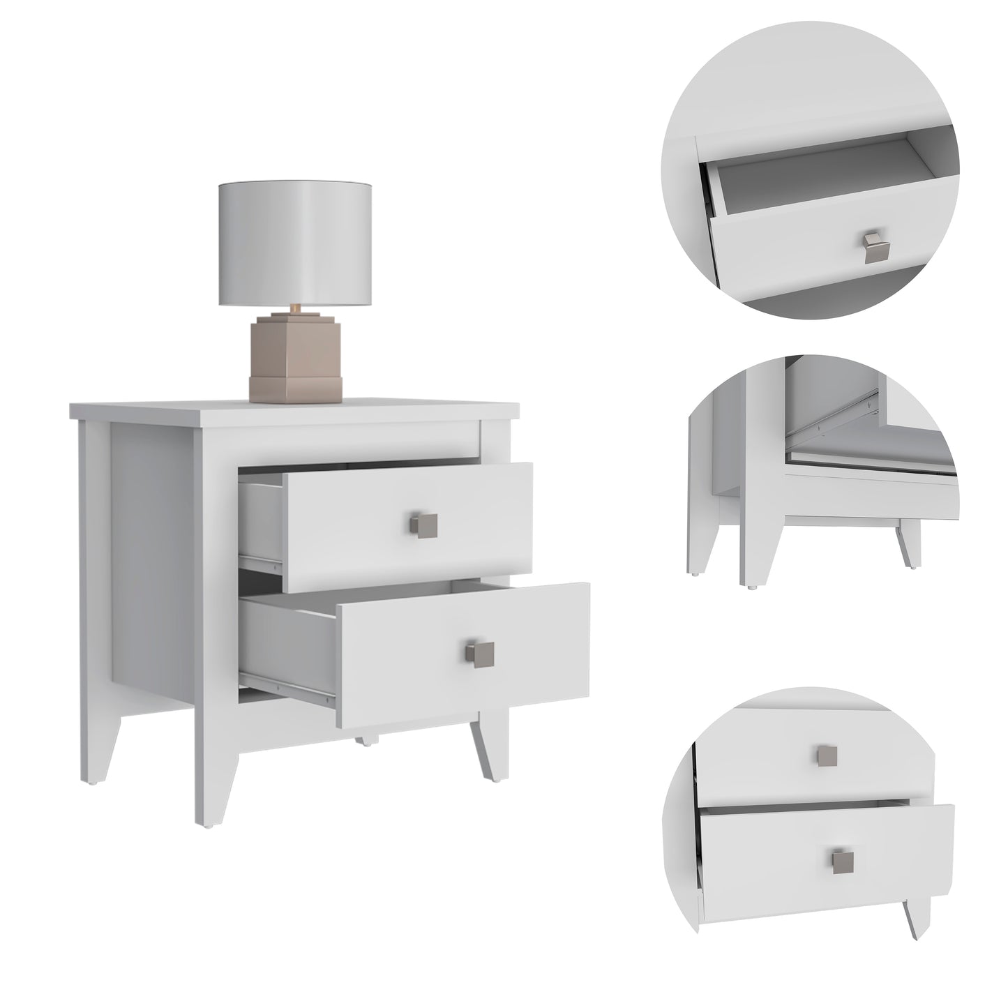 Modern white twodrawer nightstand with silver square pulls and a subtle tapered leg design