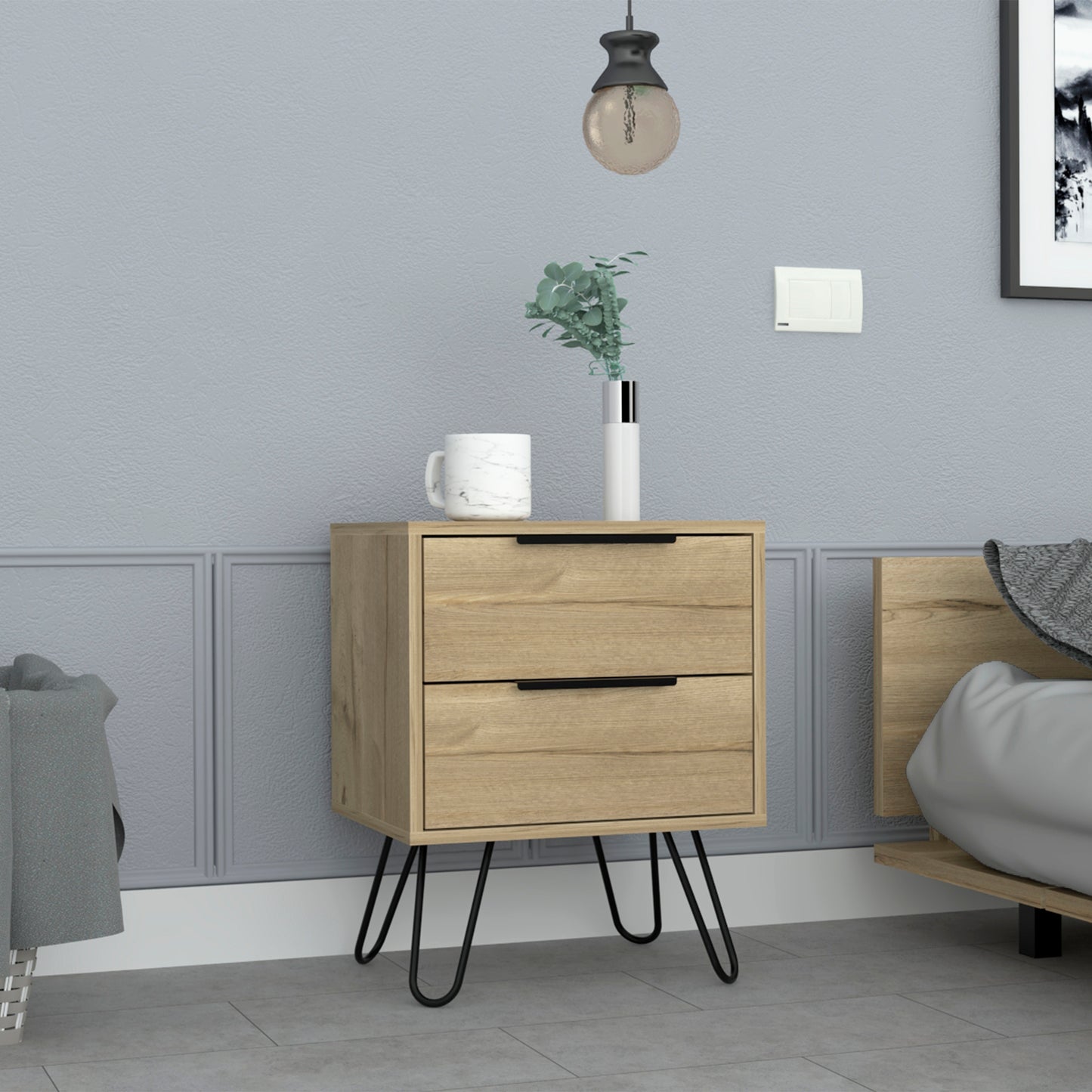 Light oak bedside table with two drawers and black hairpin legs stylish bedroom furniture