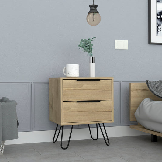 Light oak bedside table with two drawers and black hairpin legs stylish bedroom furniture