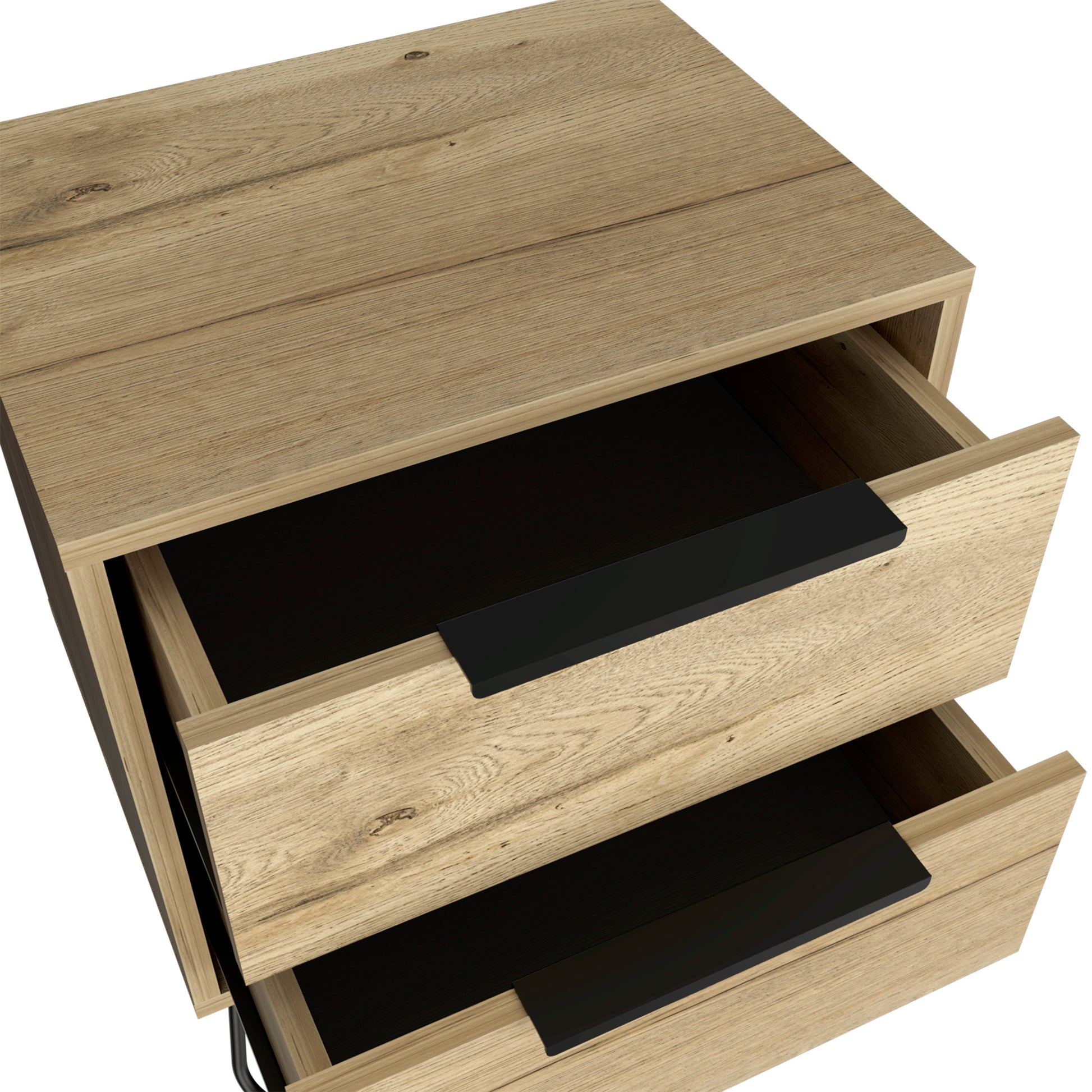 Closeup of a modern oak veneer bedside table with two open drawers and black handles
