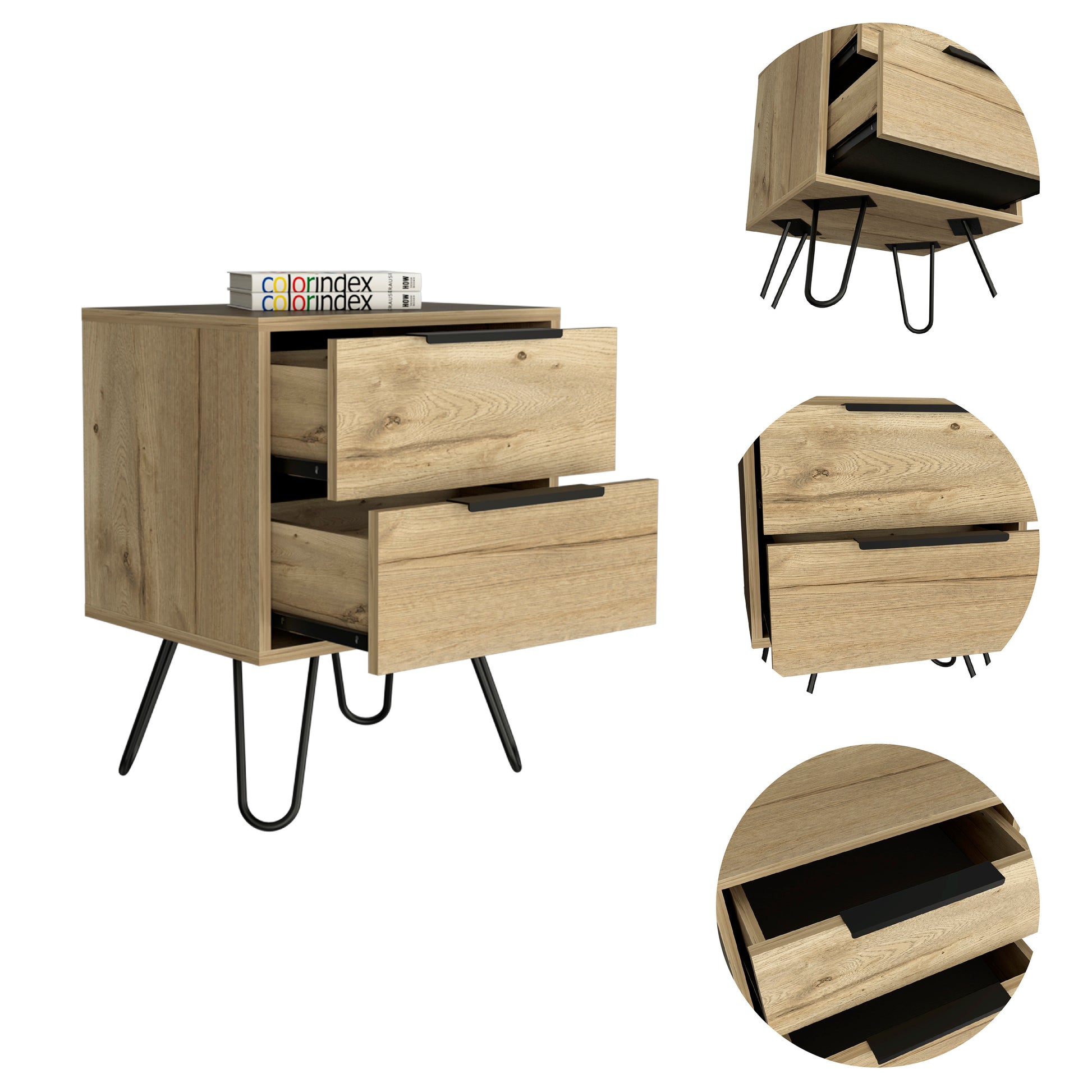 Modern oak veneer nightstand with two drawers and black hairpin legs