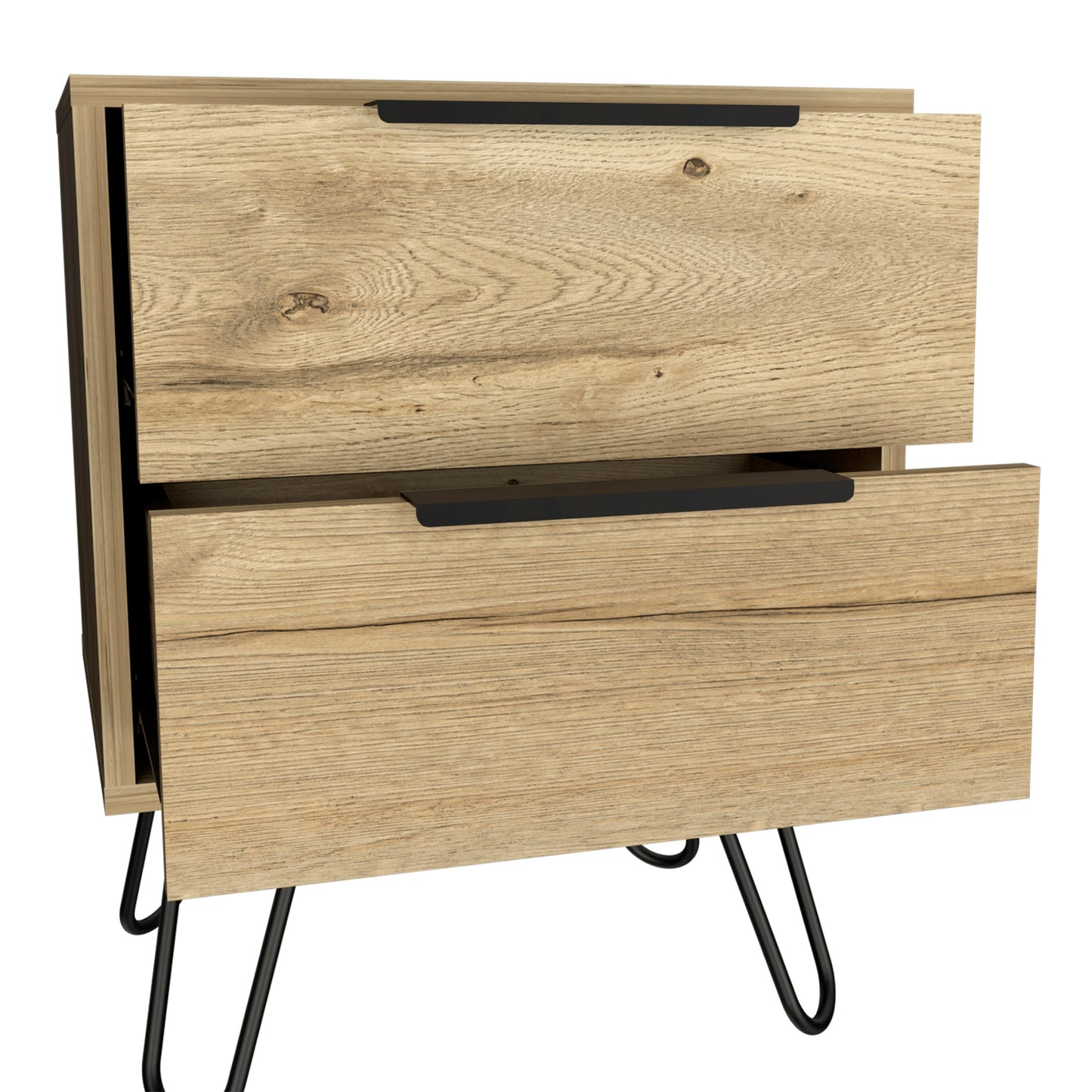Rustic oak veneer nightstand with two drawers and hairpin legs