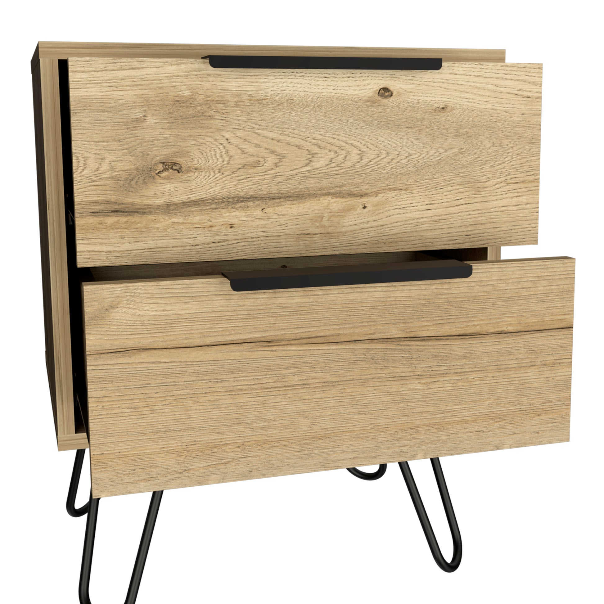 Rustic oak veneer nightstand with two drawers and hairpin legs