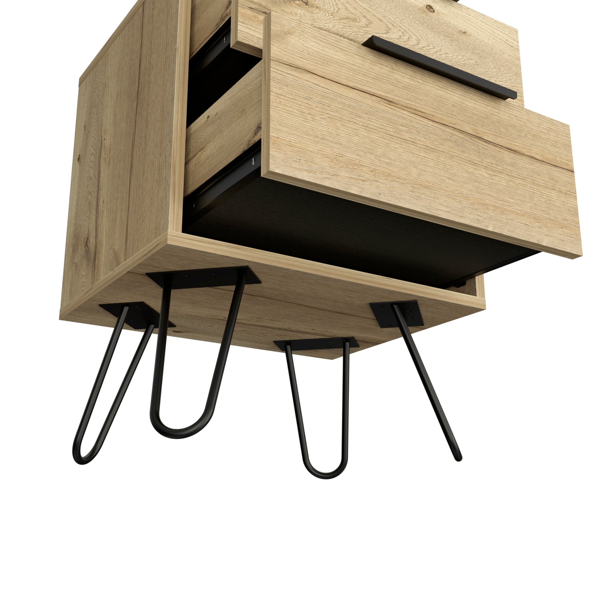 Modern wood bedside table with two drawers and sleek black handles featuring hairpin legs