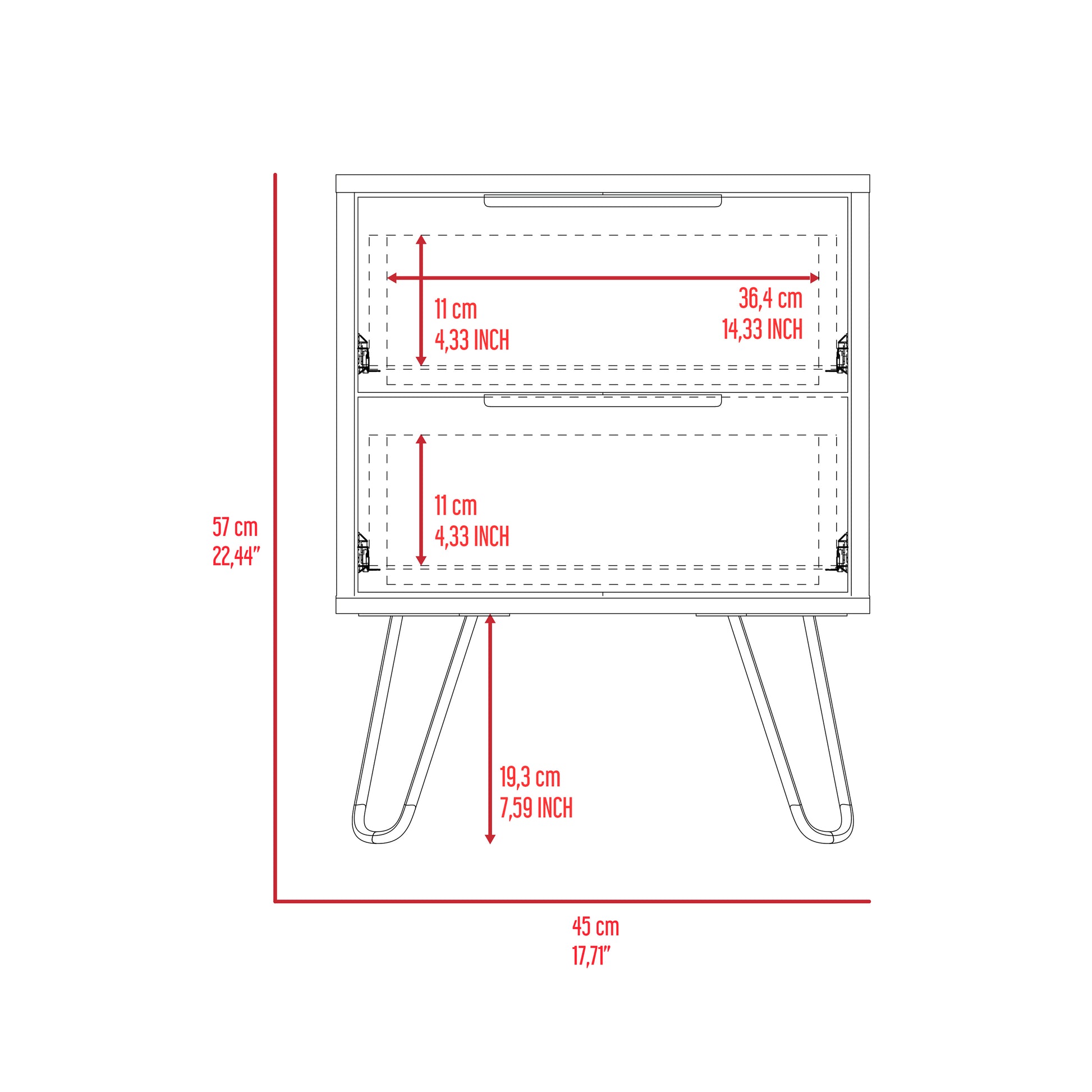 Modern nightstand with two drawers and tapered hairpin legs cm H