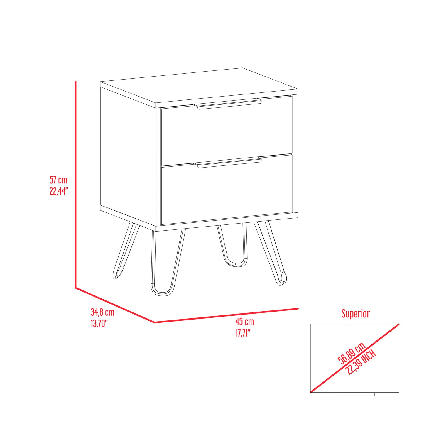 Midcentury modern nightstand with two drawers and hairpin legs in a white line drawing with dimensions