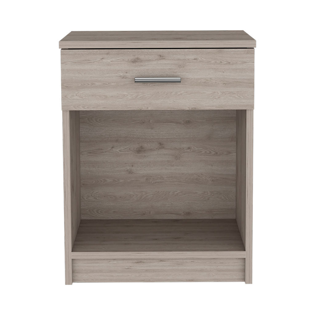 Light oak laminate nightstand with one drawer and open shelf