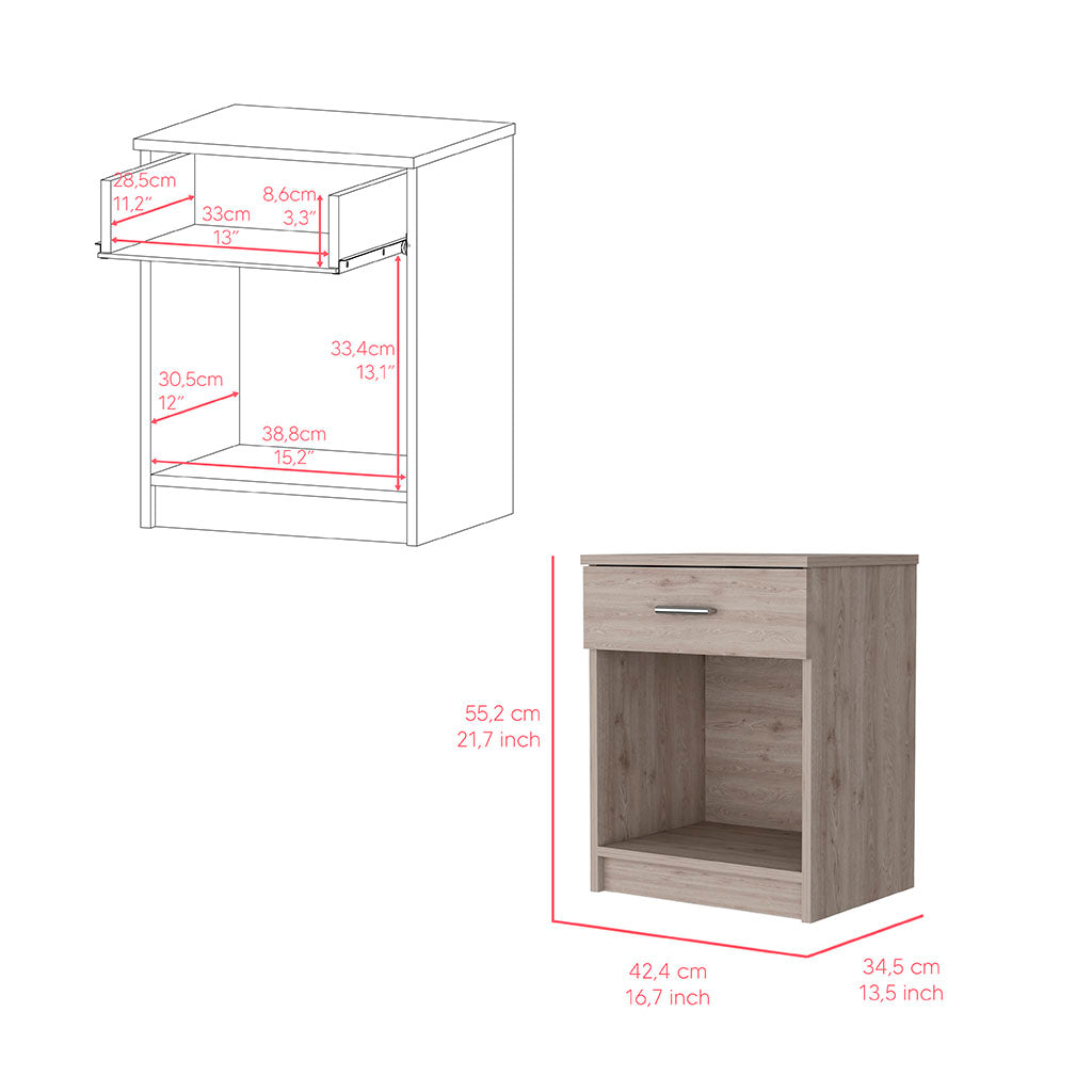 Line drawing of a bedside table with drawer and open shelf with dimensions