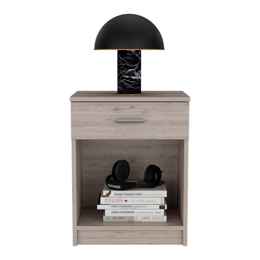 Light wood bedside table with black dome lamp and marble base