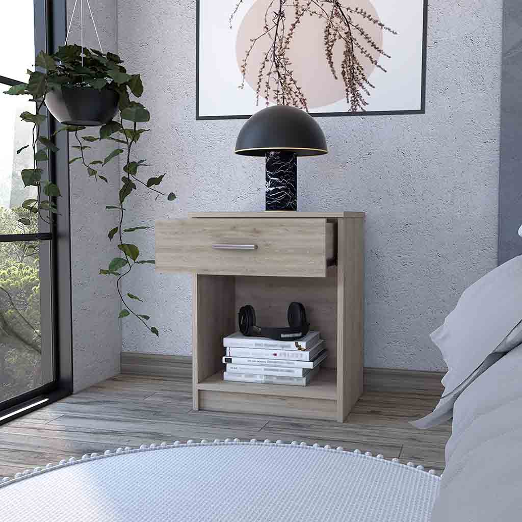 Modern oak veneer nightstand with one drawer and open shelving perfect for bedrooms