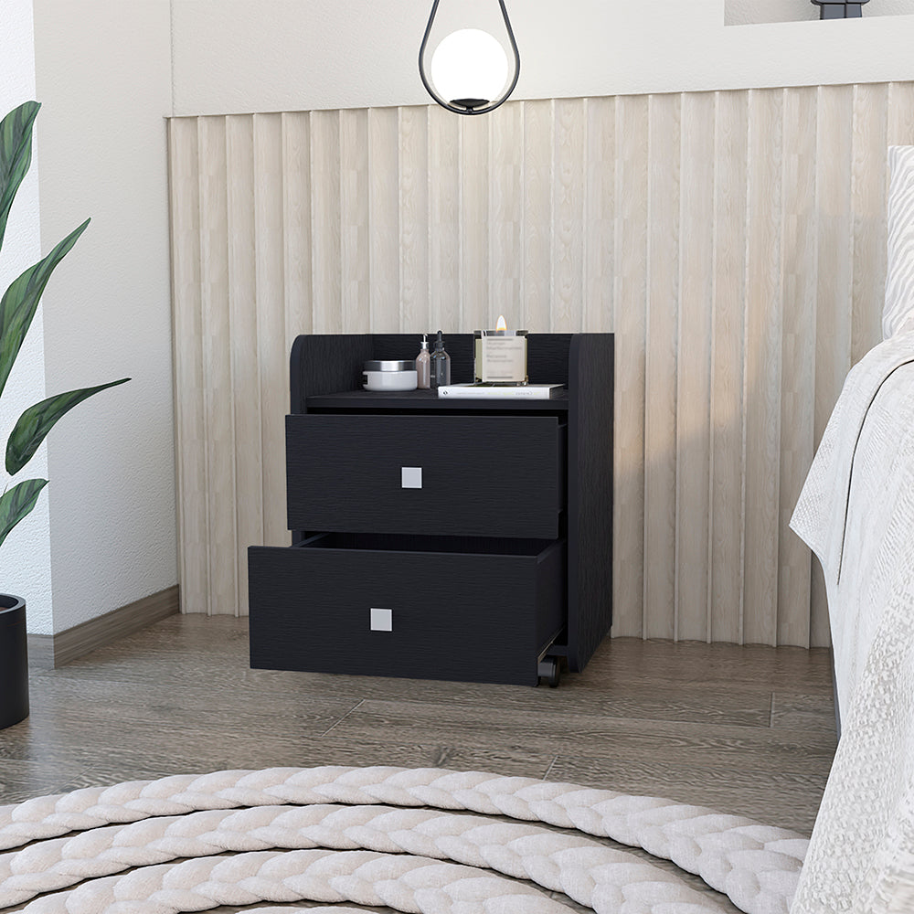 Black modern nightstand with two drawers and silver square pulls