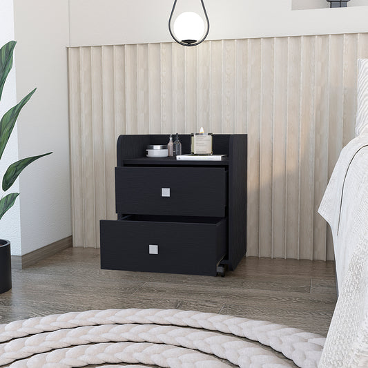 Black modern nightstand with two drawers and silver square pulls