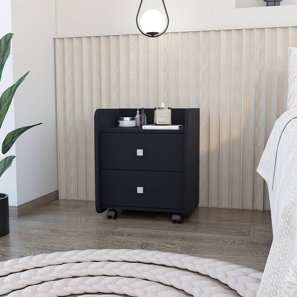 Black modern nightstand with two drawers and casters