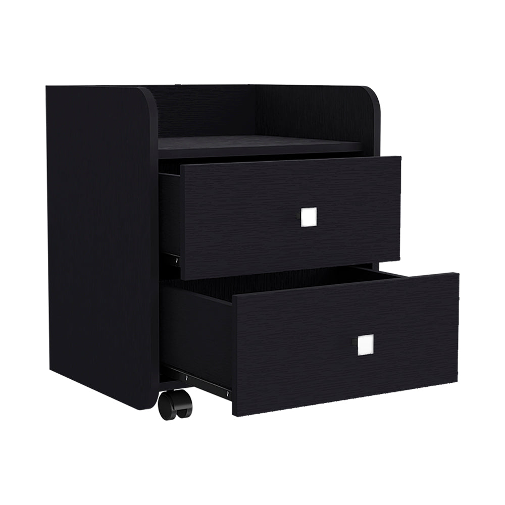 Black twodrawer mobile filing cabinet with square pulls and casters