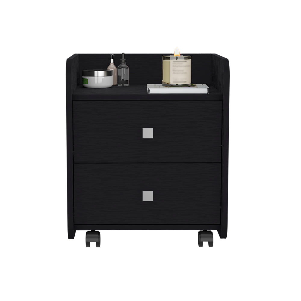Black wooden bedside table with two drawers and caster wheels