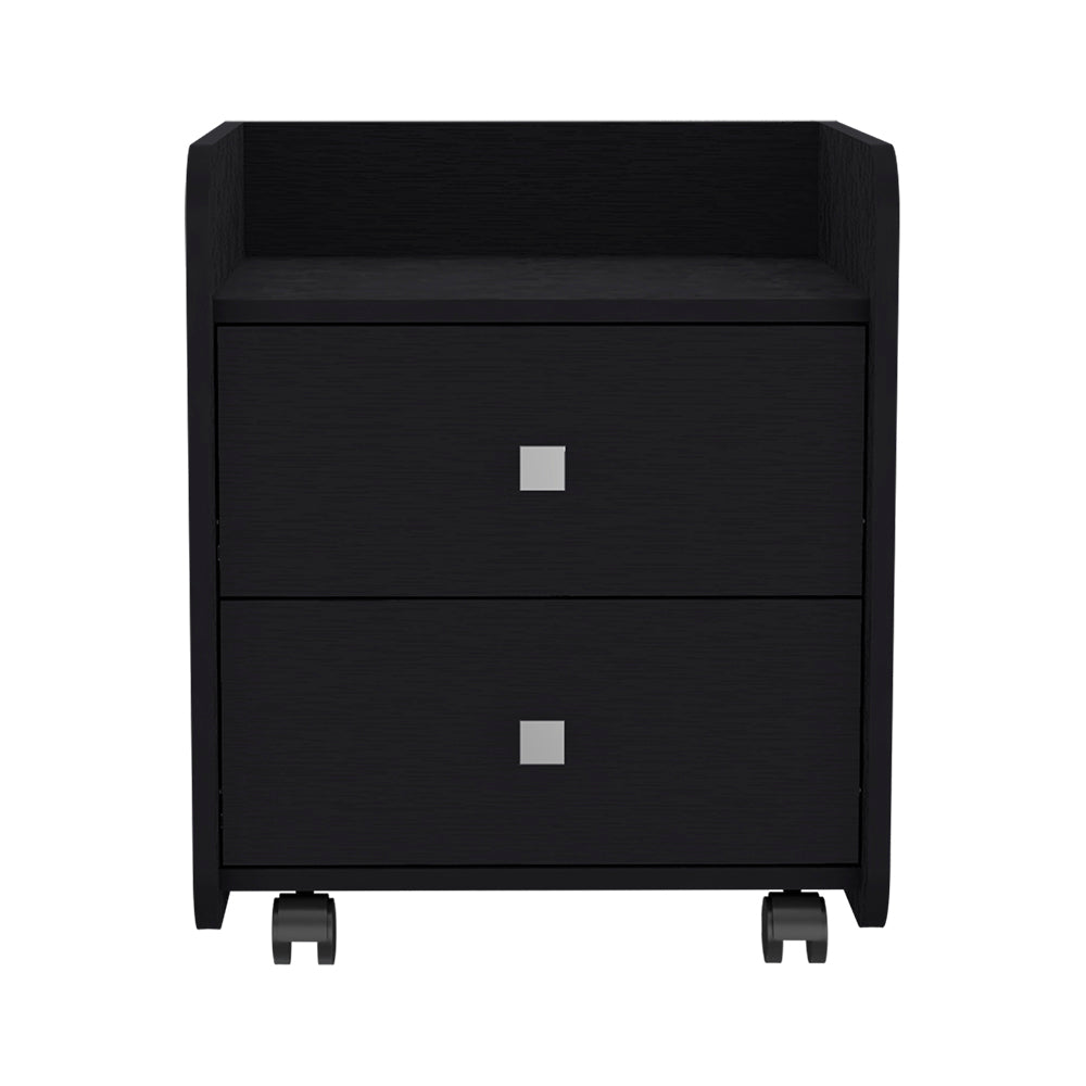 Black twodrawer nightstand with silver square pulls and casters for bedroom storage
