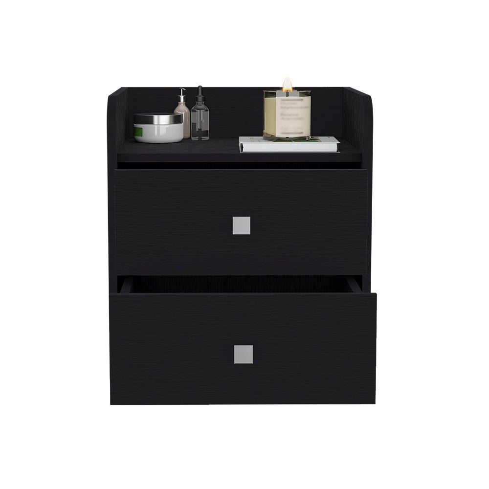 Black twodrawer nightstand with modern silver square pulls and subtle wood grain texture