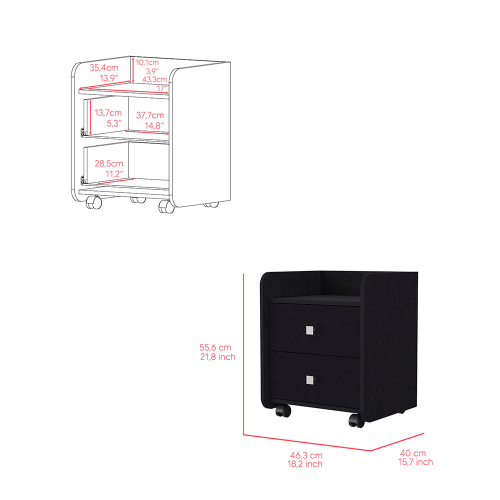 Black wooden bedside cabinet with two drawers on wheels