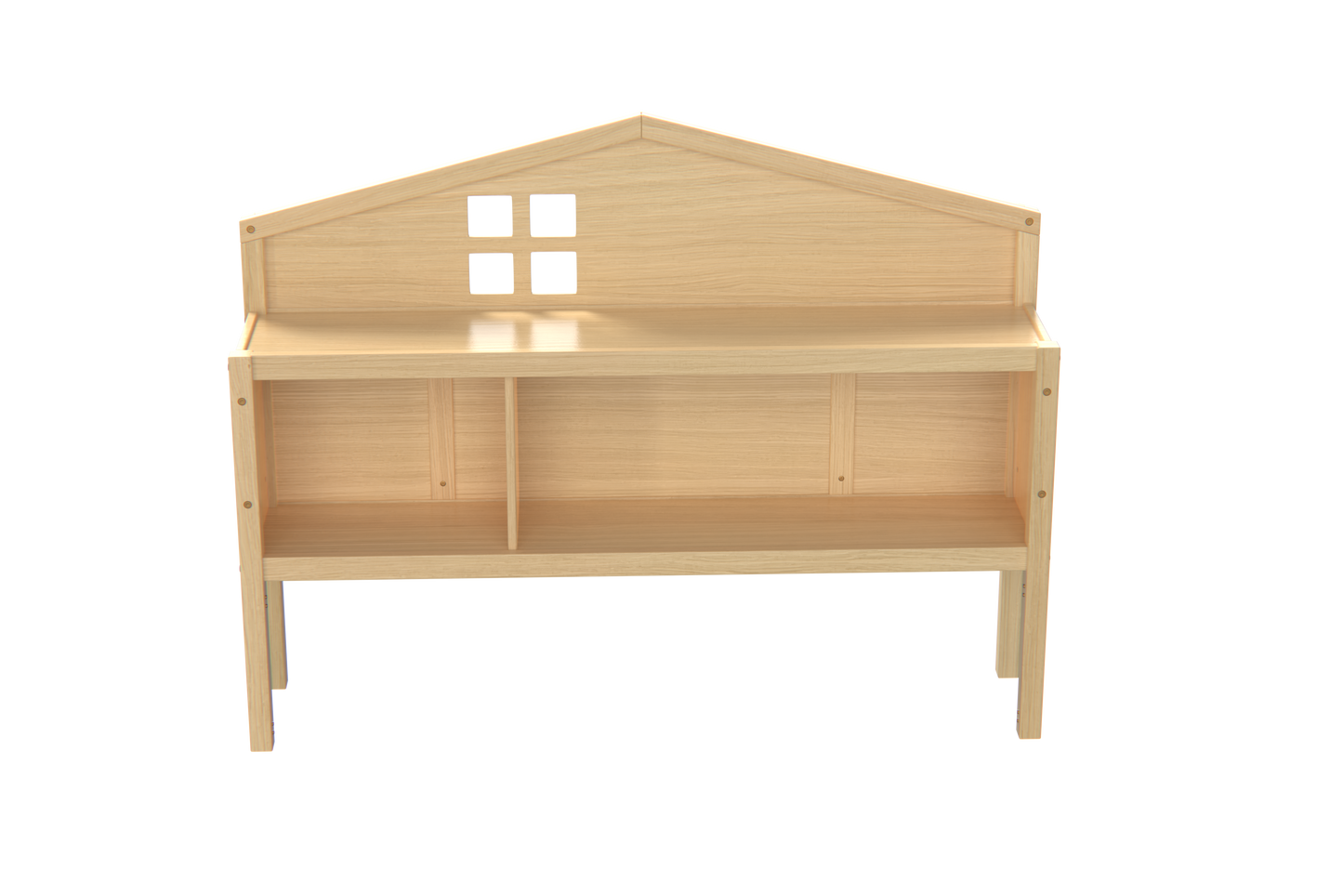 Natural wood playhouse shelf with four square window cutouts