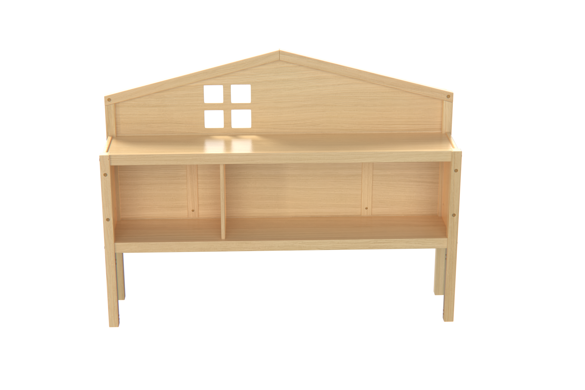 Natural wood playhouse shelf with four square window cutouts
