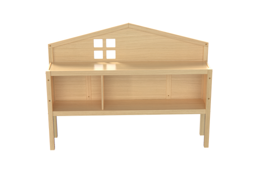 Natural wood playhouse shelf with four square window cutouts