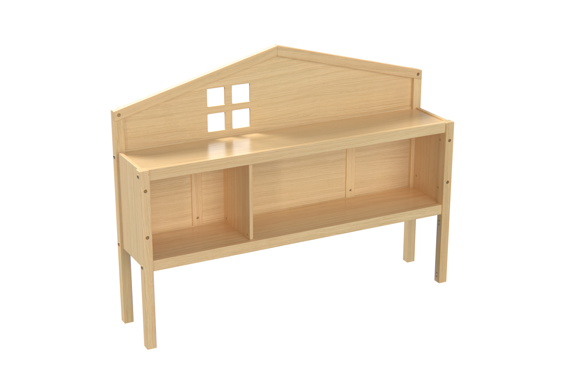 Natural wood toy bookshelf with houseshaped top and window cutouts