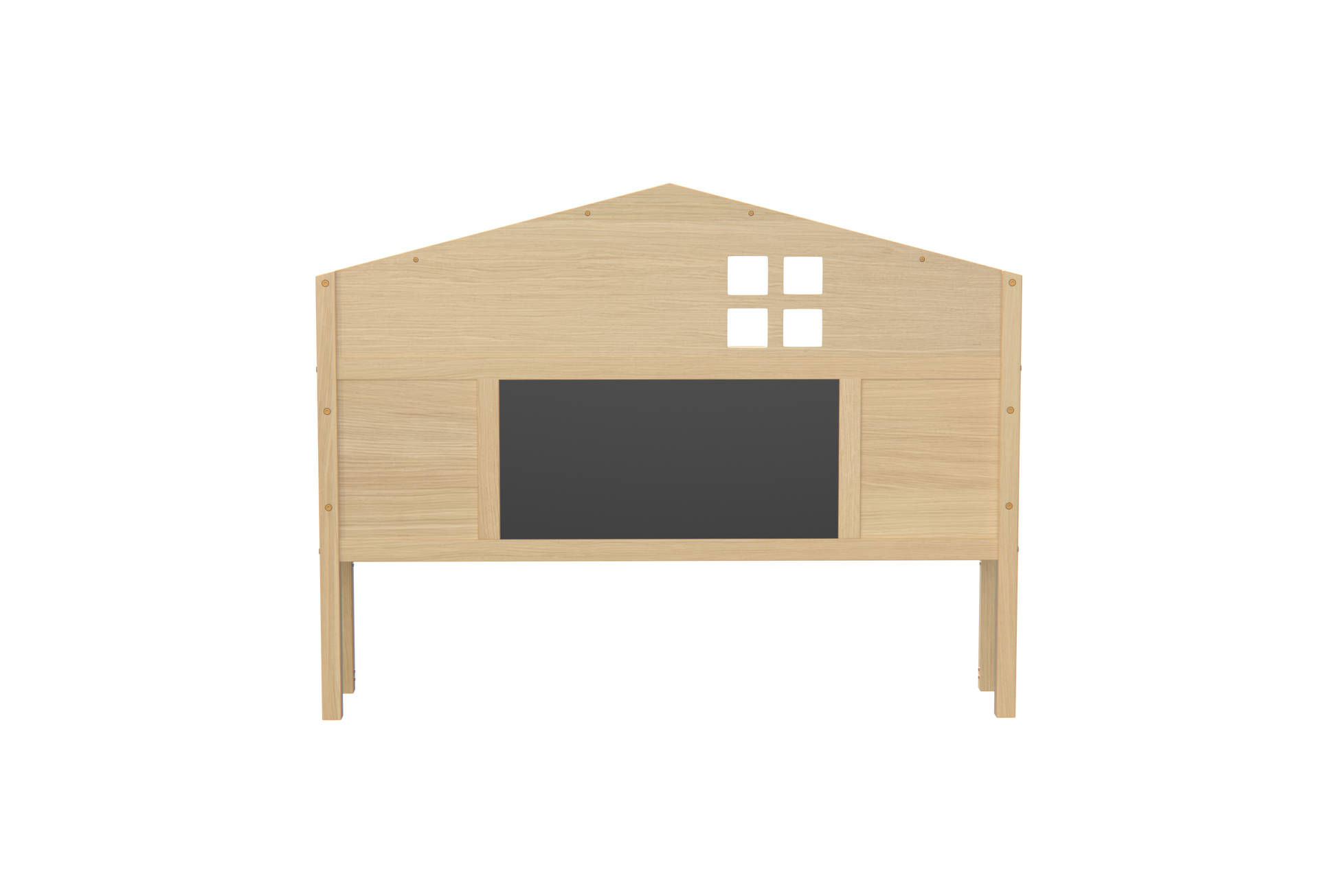 Natural wood playhouse with chalkboard panel and window squares