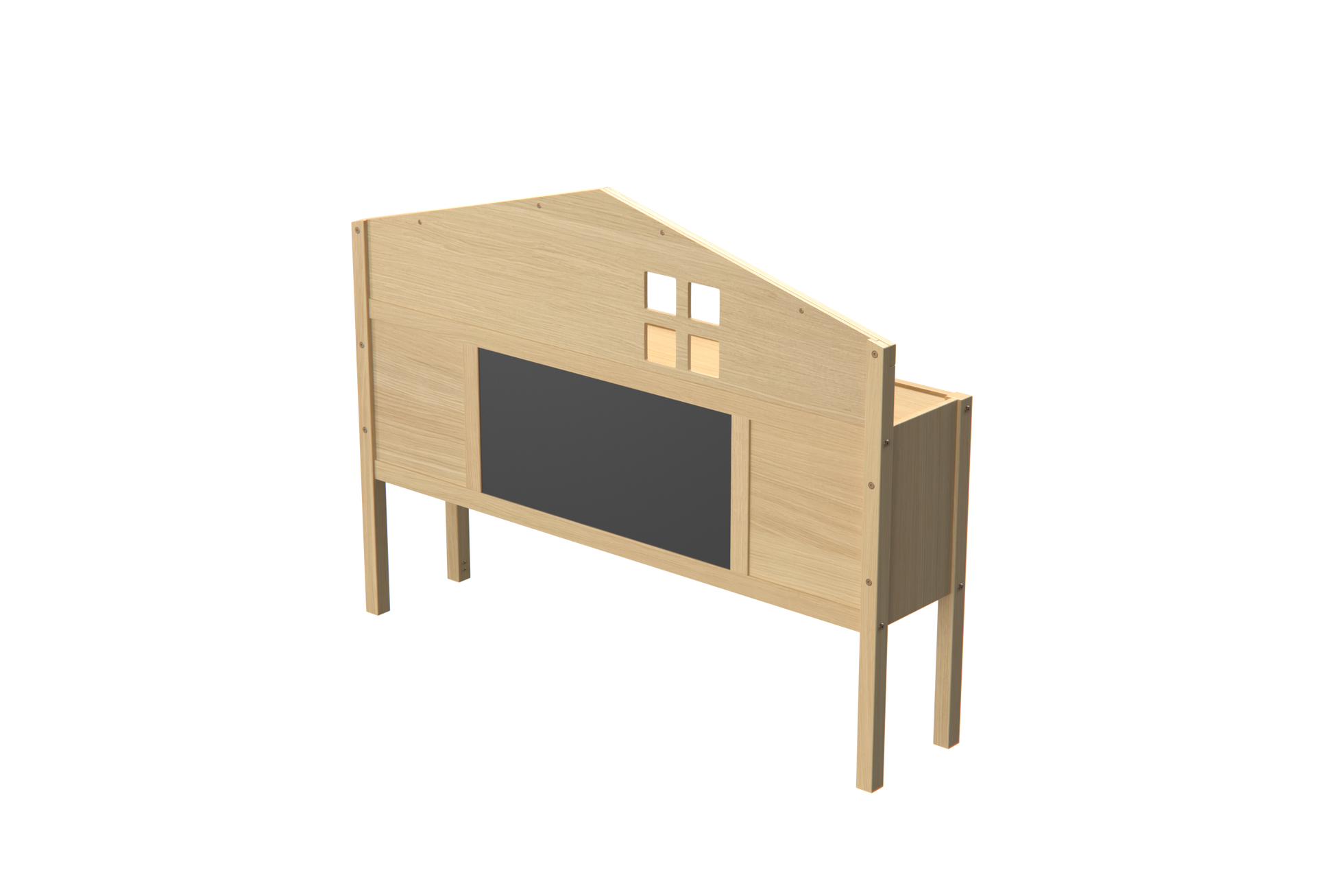 Wooden kids play kitchen with chalkboard front and open shelving