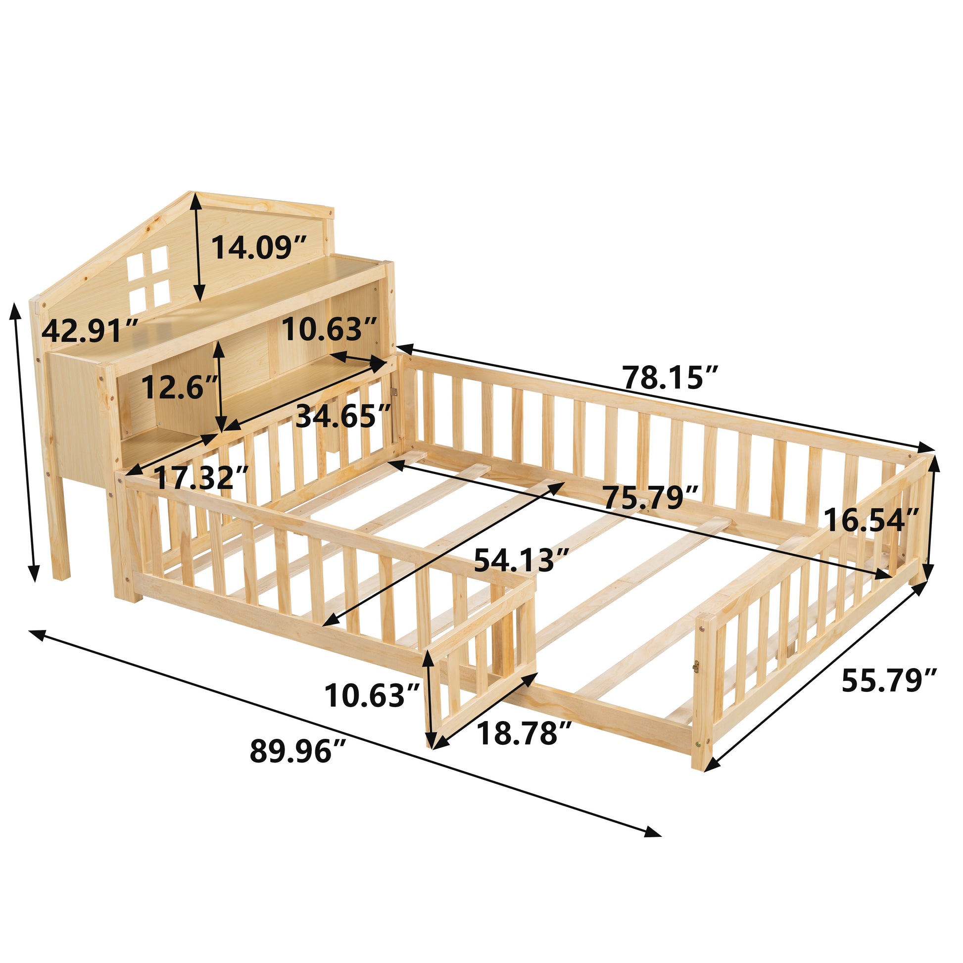 Natural pine wood twin house bed with integrated shelving and guardrails for child safety