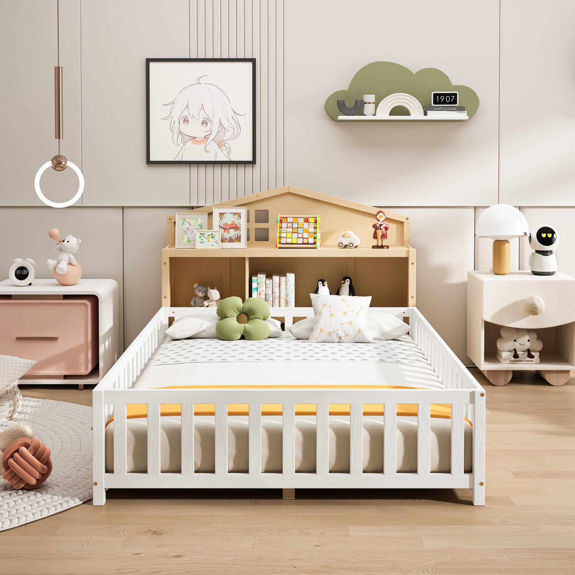 White wooden toddler bed with builtin bookshelf and playful accents