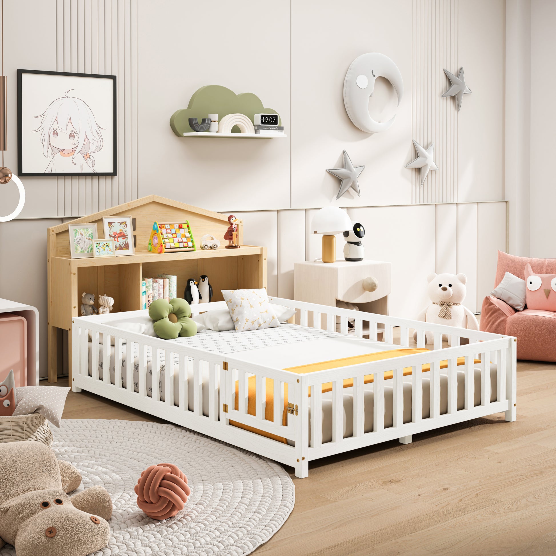 White wooden toddler bed with guardrails and orange bedding