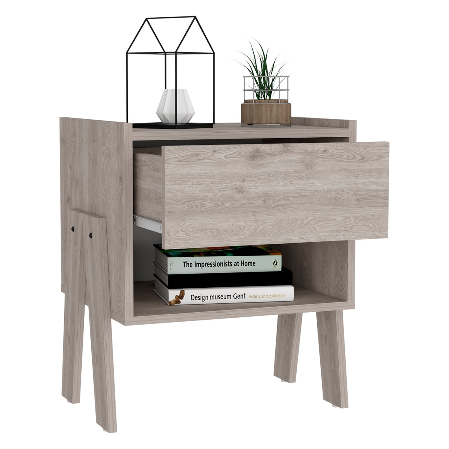 Light oak wood bedside table with open drawer and two decorative books