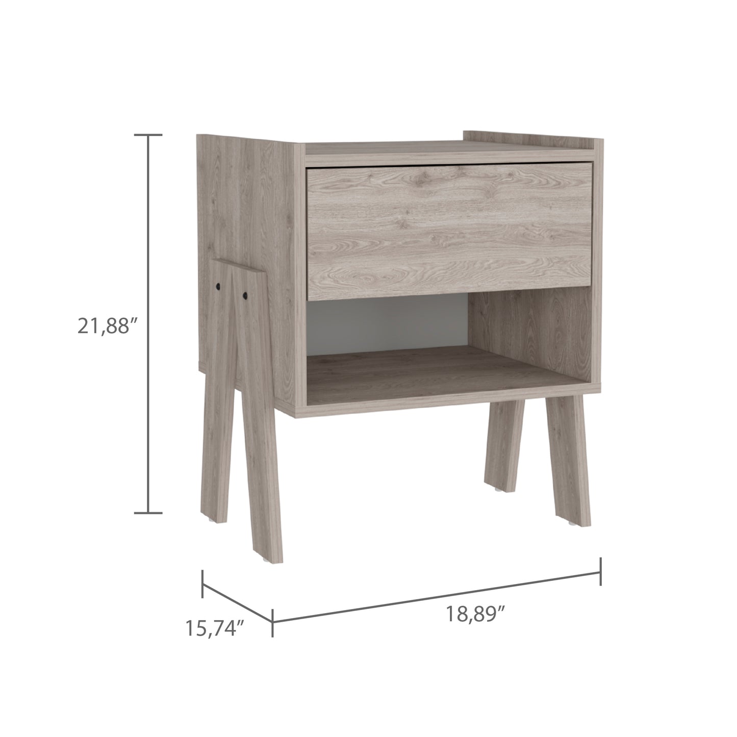 Midcentury modern nightstand with one drawer and open shelf natural wood finish