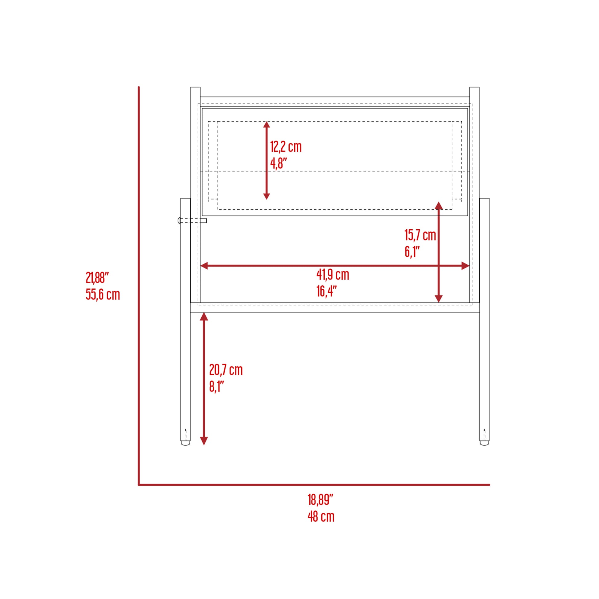 Diagram of a small planter box with dimensions labeled cm wide cm high and cm deep