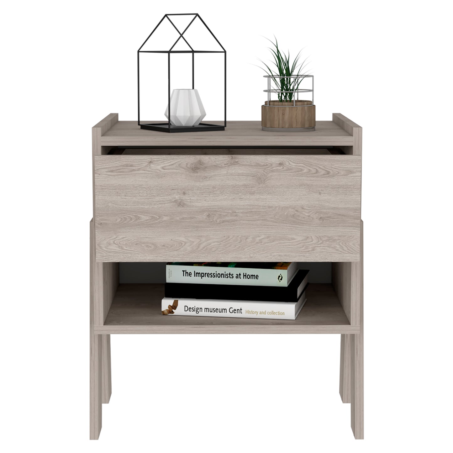 Light oak wood nightstand with one drawer and an open shelf holding books