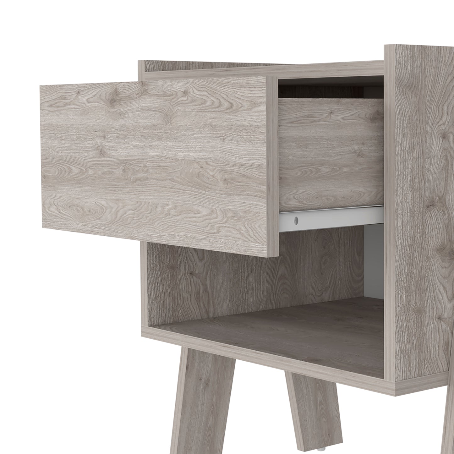 Light oak wood veneer nightstand with an open shelf and one pullout drawer on metal runners