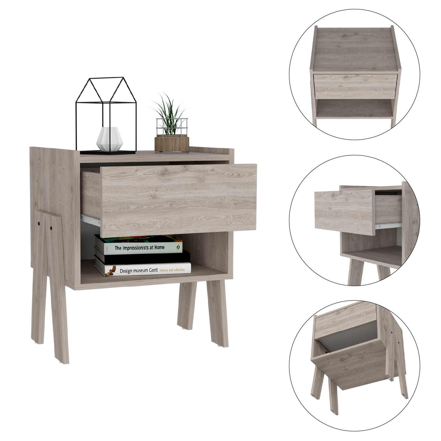 Modern gray wood nightstand with one drawer and open shelf